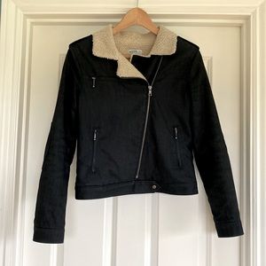 Sherpa lined denim moto jacket.